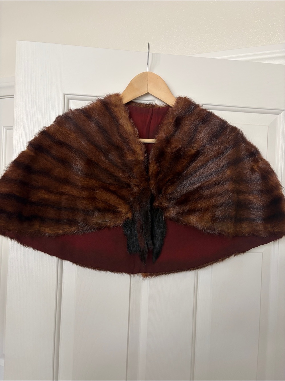 Vintage Brown Mink Fur Capelet with Burgundy Lining